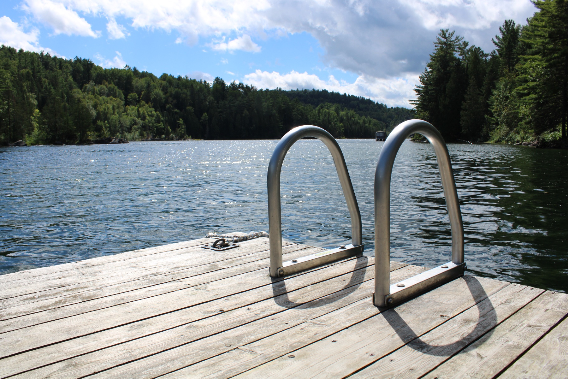 Dock ladder descending into a sparkling forest-lined Outaouais lake