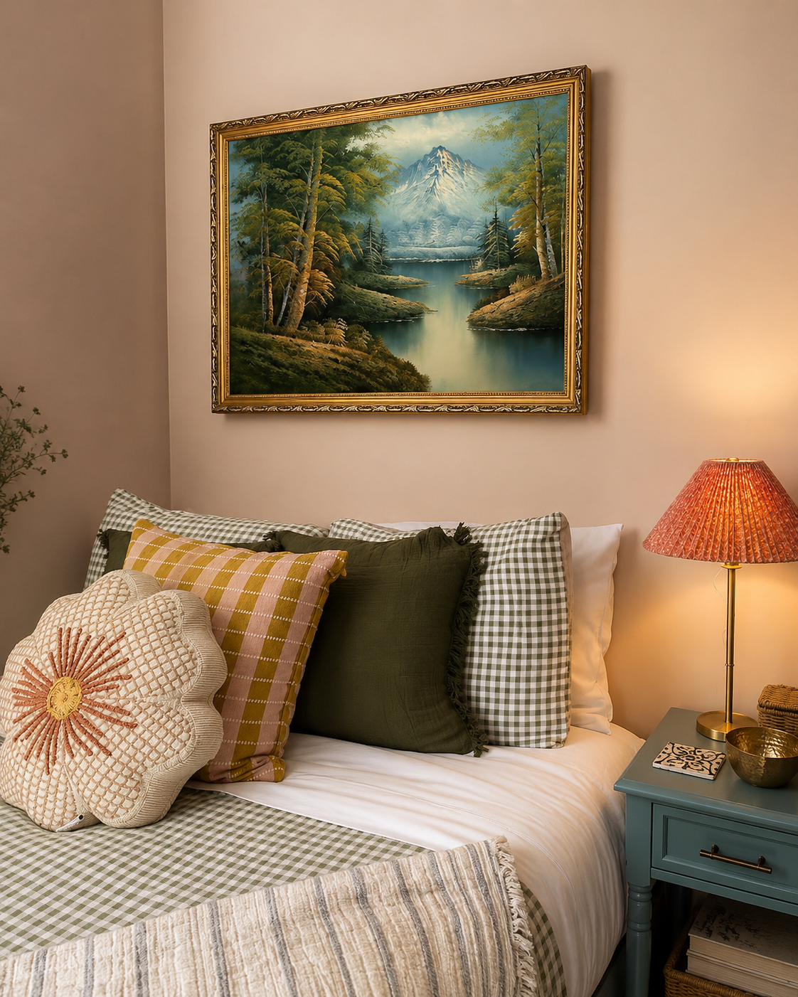 Cozy cottage bedroom with layered pillows, gingham bedding, and a landscape painting