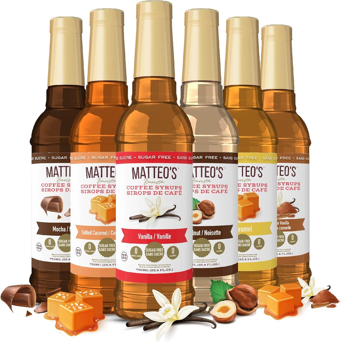 Matteo's Barista Style Sugar-Free Coffee Syrup, 6 Flavour Variety Pack, Zero Calories and Sugar, Keto-Friendly Coffee Syrups, Delicious Flavoured Coffee Syrup - 25.4 oz Syrup Bottles