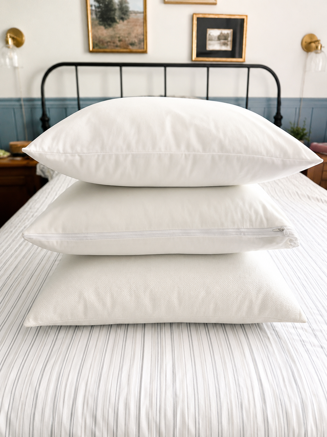 Stacked pillow protectors on a freshly made cottage bed